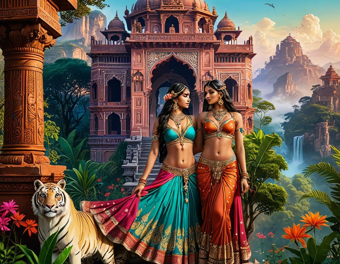 A mesmerizing blend of vibrant Indian motifs intertwined with intricate hentai art styles, depicting a fantastical landscape where eroticism meets cultural elements. The scene features colorful characters in sensual poses, surrounded by lush flora and ancient architecture, creating a dreamlike atmosphere. The colors are rich and diverse, capturing the essence of both erotic art and Indian fantasy. super-realistic. vibrant colors. intricate details.