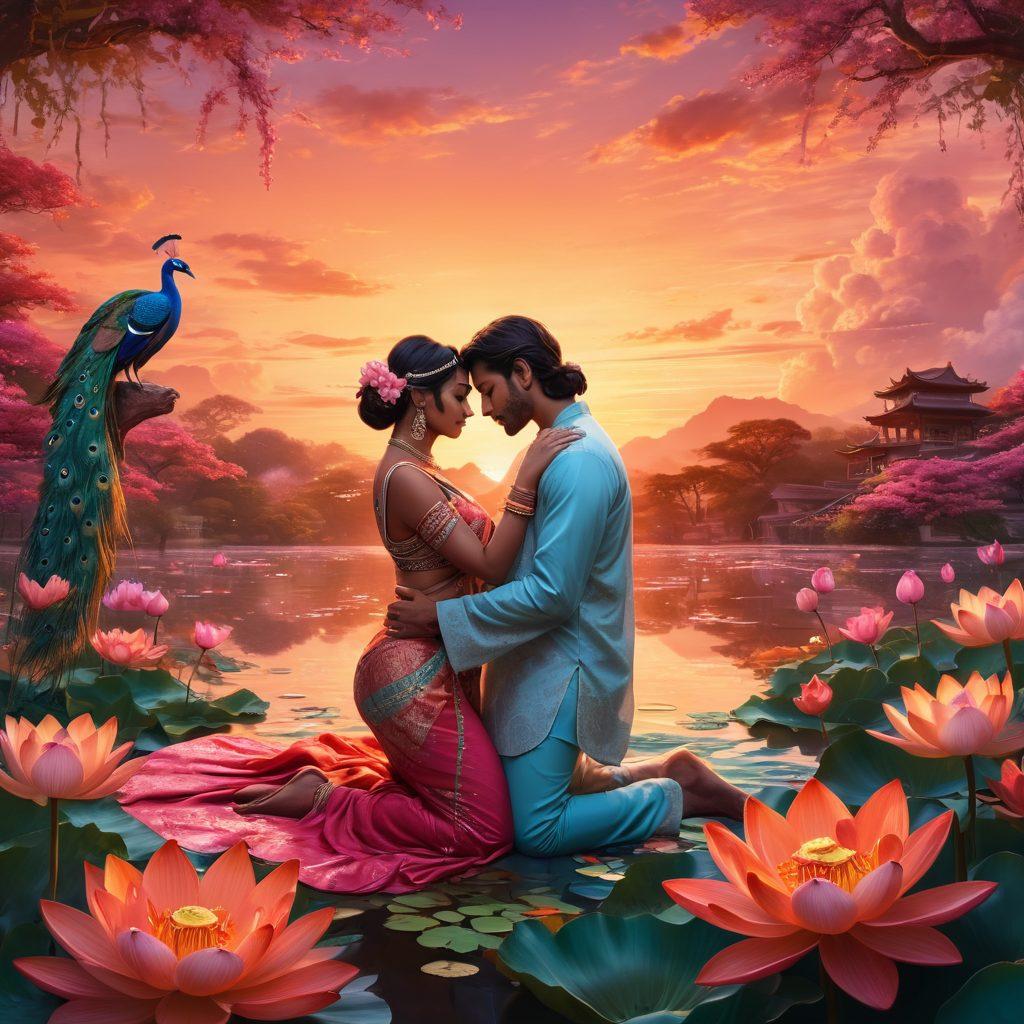 A vivid illustration capturing the essence of taboo pleasures, with a blend of traditional Indian motifs and modern Hentai aesthetics. Showcase a serene landscape with vibrant colors, featuring an entwined couple in an intimate embrace surrounded by lotus flowers and peacock feathers. Incorporate elements of fantasy and sensuality, evoking a sense of cultural intrigue. The background should be a dreamlike blend of warm sunset hues and soft clouds. super-realistic. vibrant colors. dreamy atmosphere.
